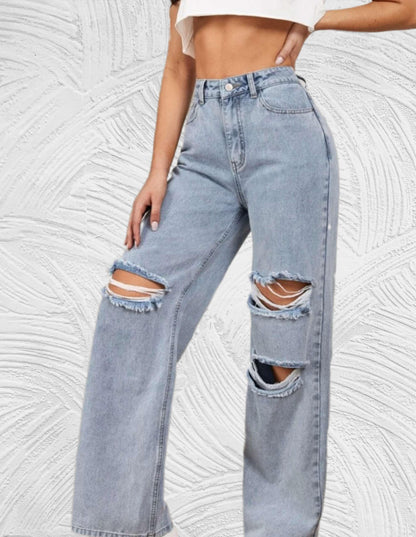Losse jeans met hoge taille en gescheurd ontwerp