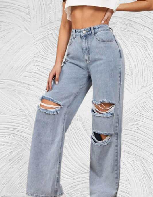 Losse jeans met hoge taille en gescheurd ontwerp