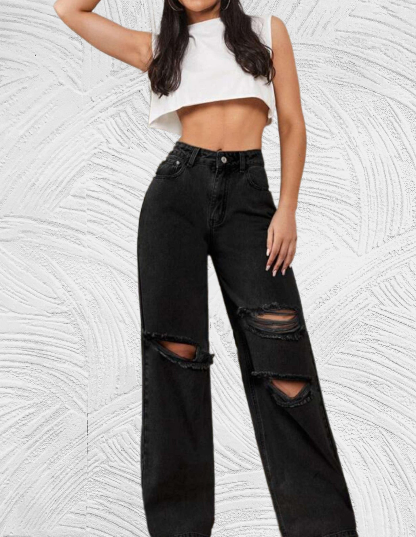 Losse jeans met hoge taille en gescheurd ontwerp