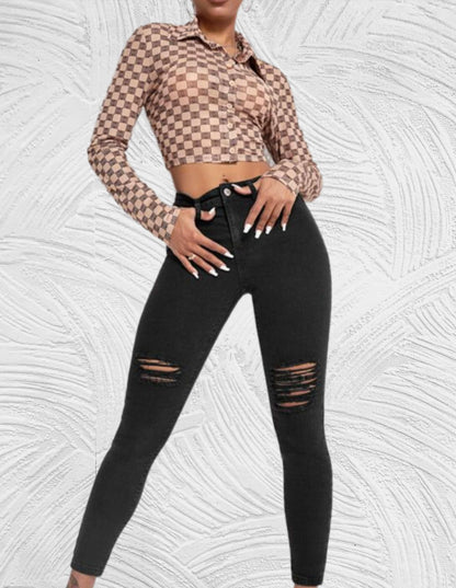 Strakke jeans met hoge taille en gescheurd ontwerp